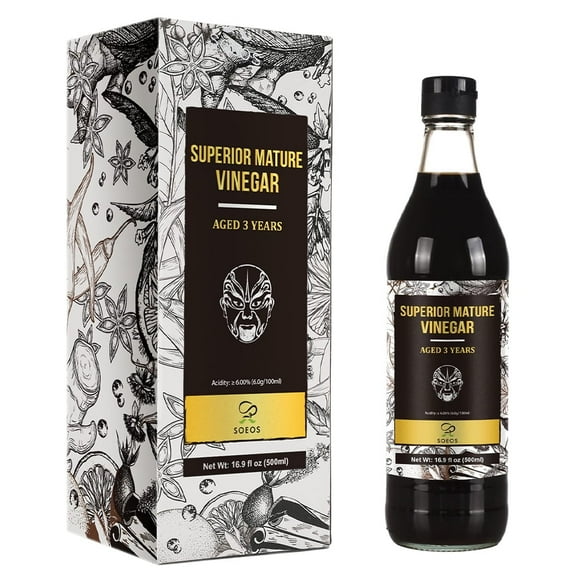 Soeos Chinkiang Vinegar 16.9 fl oz (500ml), 3 Years Aged, Naturally Fermented, Mature Aged Black Vinegar, Chinese Black Vinegar, Zhenjiang Vinegar, Black Rice Vinegar, Black Vinegar Chinese.
