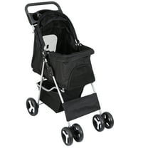 REKHH 4 Wheels Pet Stroller Dog Cat Stroller for Small Medium Dog Cats Foldable Carrier Jogger Travel Puppy with Storage Basket and Cup Holder (Black)