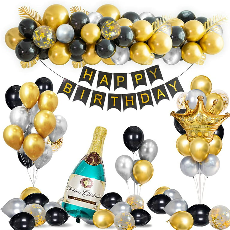 Black Gold Birthday Decorations,Chrome Silver Confetti Latex Balloons,  Champagne Crown Foil Balloon for Birthday Party Supplies 