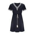 thumbnail image 4 of JMKQLZ Mode Femmes Robe en Dentelle à Manches Courtes Col en V Couleur Unie Taille Élastique, 4 of 6