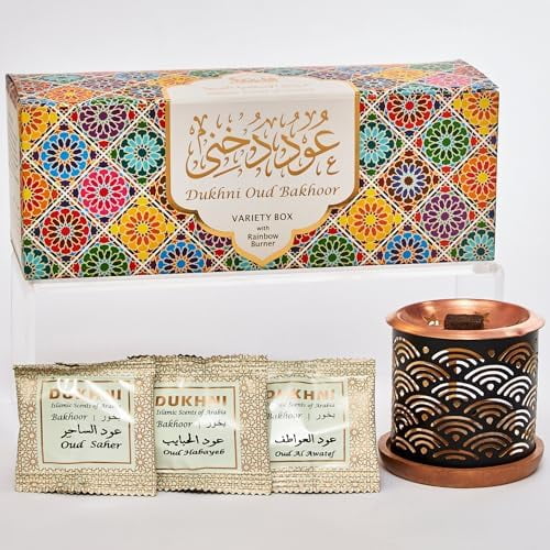 Oud Bakhoor Variety Box & Burner, Arabian Oudh Set with Candle Incense, 10 Mixed Scents
