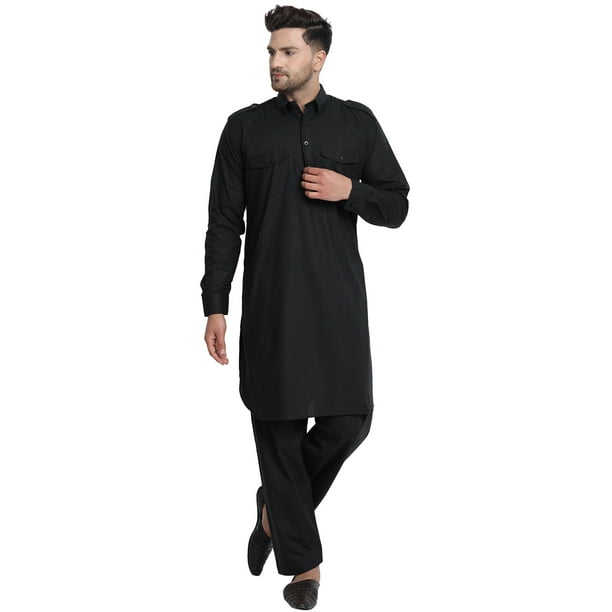 SKAVIJ Hommes Kurta Pyjama Mis Pathani Style Indien Robe Décontractée Black XL