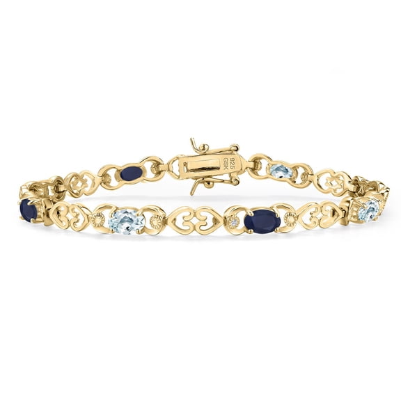 Gem Stone King 18K Yellow Gold Plated Silver Sky Blue Aquamarine and Blue Sapphire and Lab Grown Diamond Bracelet for Women | 4.23 Cttw | Gemstone March Birthstone | Oval 6X4MM | Length 7.25 inches