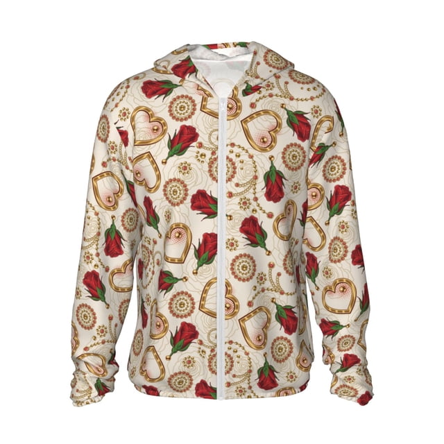 KLL Saint-Valentin Imprimé Rose Hommes Femmes UPF 50+ Protection Solaire Veste à Capuche Extérieure Manches Longues Pêche Randonnée Performance Chemise-Petit