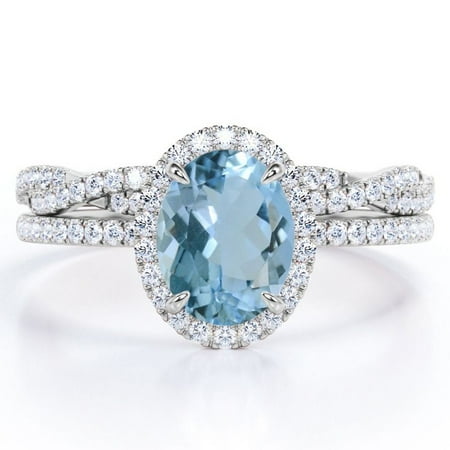JeenMata Pave Halo Setting 1.75 Carat Oval Cut Light Blue Created Aquamarine And Moissanite Infinity Twisted Shank Bridal Set in 18K White Gold Plating over Silver