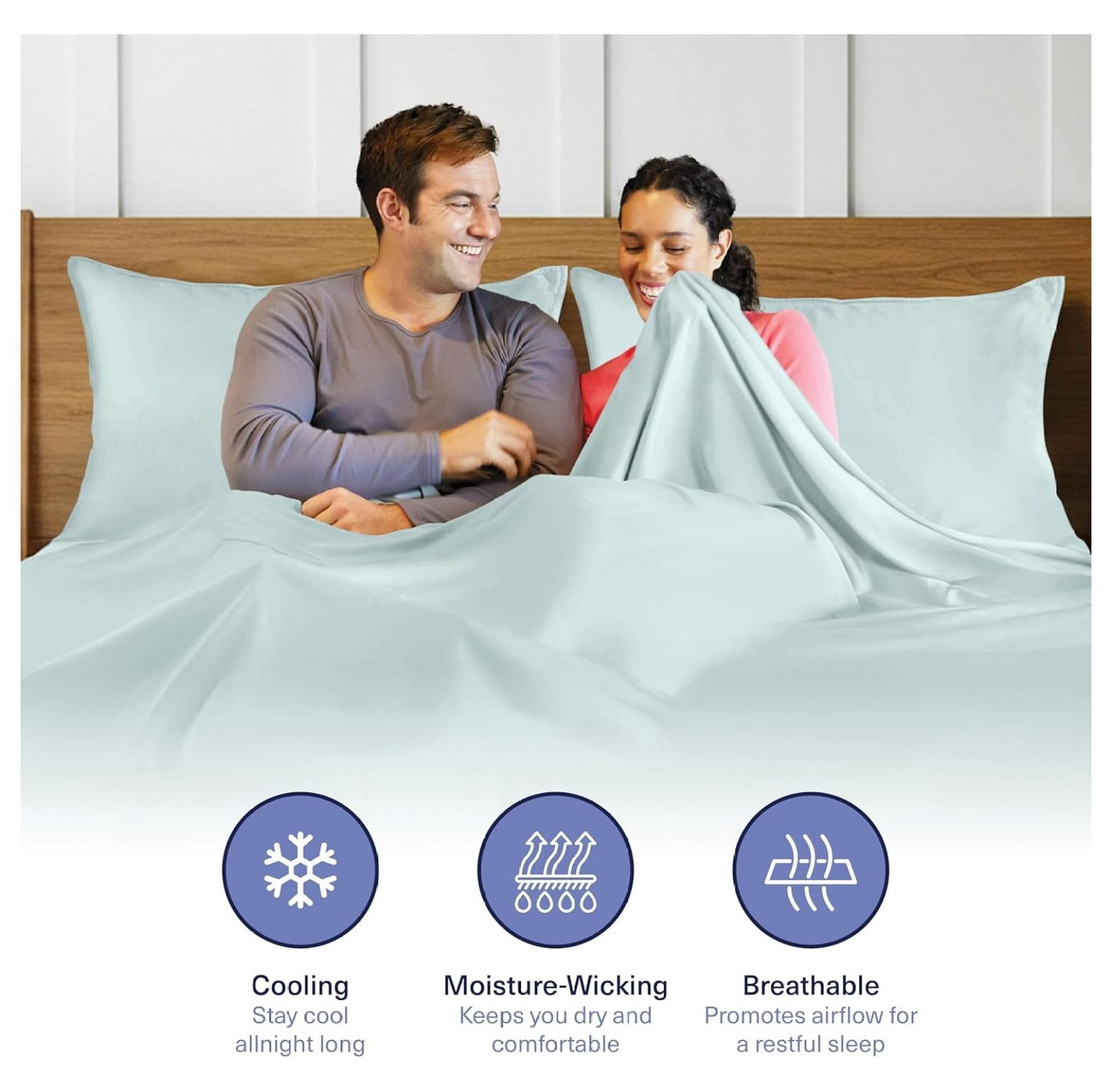 Kickoff Viscose Bamboo Fitted Sheet Queen Size, 100% Organic Cooling Sheets Fitted ONLY Viscose Bamboo Sheets Queen Size Bed Sheet for Hot , Extra Deep Pocket, 4 Corner strap (Q, Coastal Blue)
