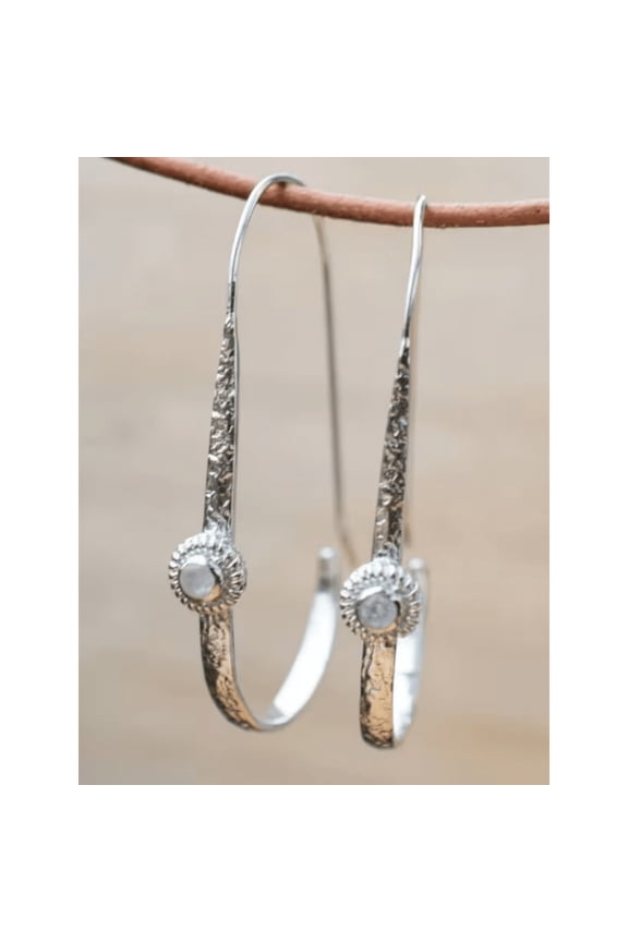 Silver Tone Textured Long Dangle Earrings With Faux Opal Accent