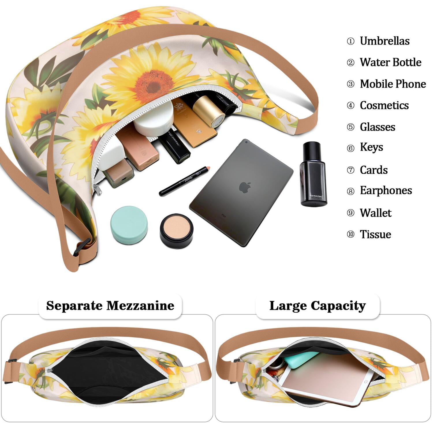 Casual Crossbody Purse for Women – Lightweight & Spacious, Boho Sunflower and Butterfly Floral Print, Rustic Vintage Country Style, Water-Resistant Durable Purse