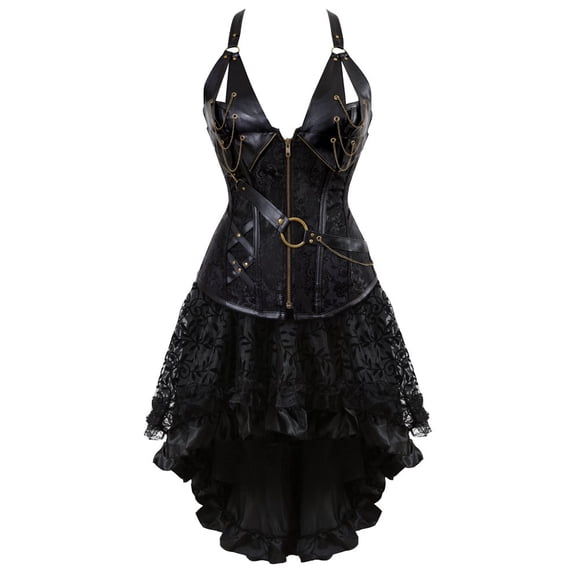 Grebrafan Steampunk Faux Leather Corsets with Tutu Skirt Women XXS Black