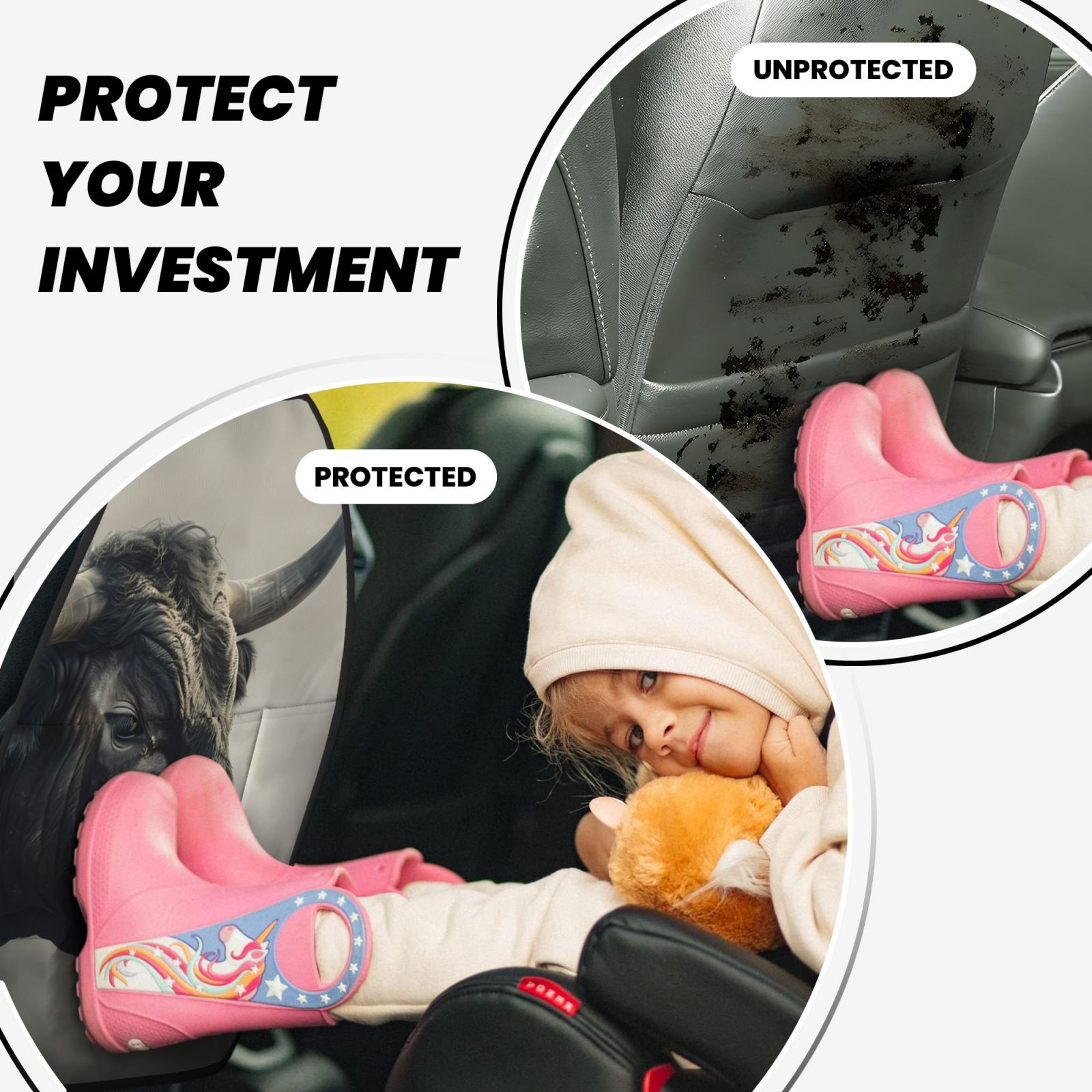 Xecao Mystical Bull in Fog Pattern Car Seat Back Protector 2 Pack Large Capacity Pocket, Kick Mats Back Seat Protector