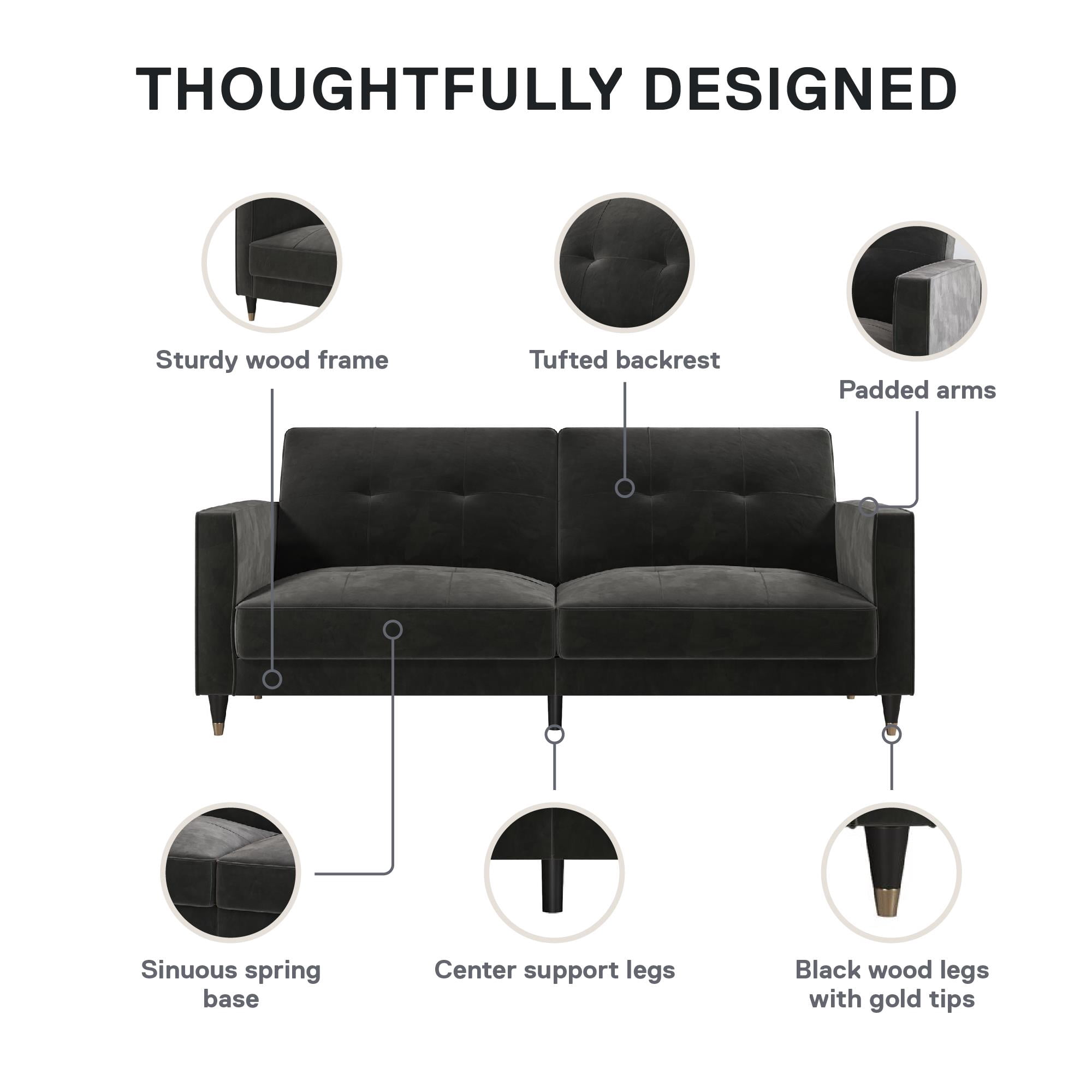DHP Penelope Pin Tufted Futon, Dark Gray Velvet