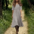 thumbnail image 2 of Xcmzpl Womens Summer Cotton Linen T Shirt Dress Casual Loose Fit Crewneck Short Sleeve Midi Dresses Solid Tunics Dresses Vestido Gray XXL, 2 of 10
