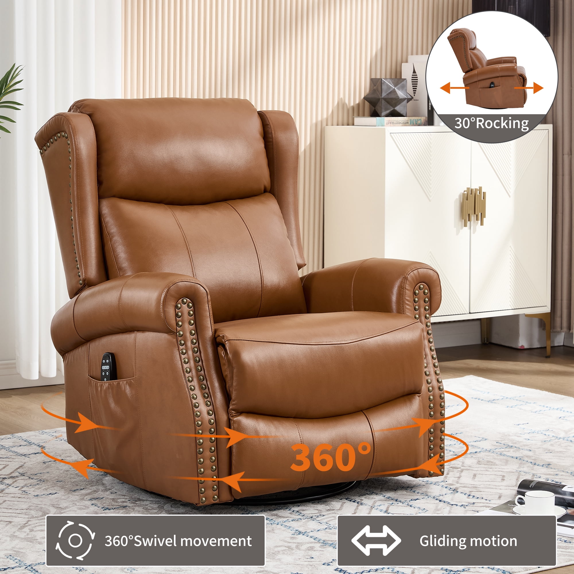 Leumius Swivel Rocker Recliner Chair with Vibration Massage and Lumbar Heating,Ergonomic Lounge Chair with Rocking Function,Rivet Design,Yellow