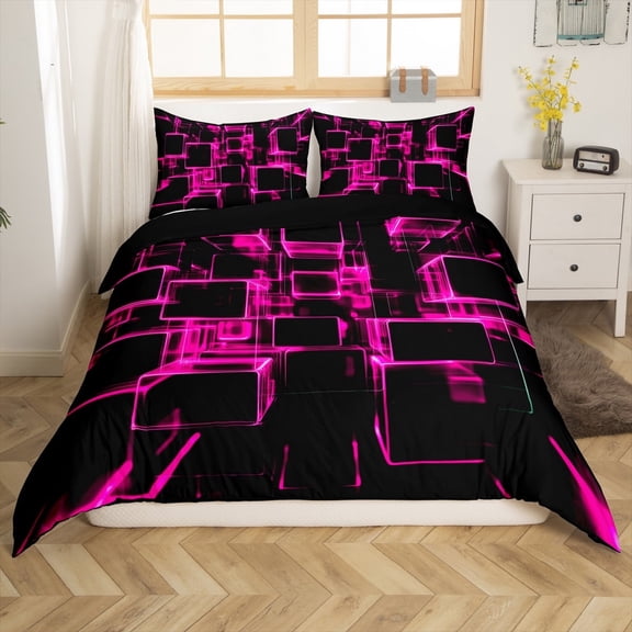 Erosebridal Geometric Buffalo Comforter Cover Twin,Black Pink Bedding Twin Size,Super Cozy Reversible Comforter Cover Twin,Plaid Decor,3-Piece(No Comforter)