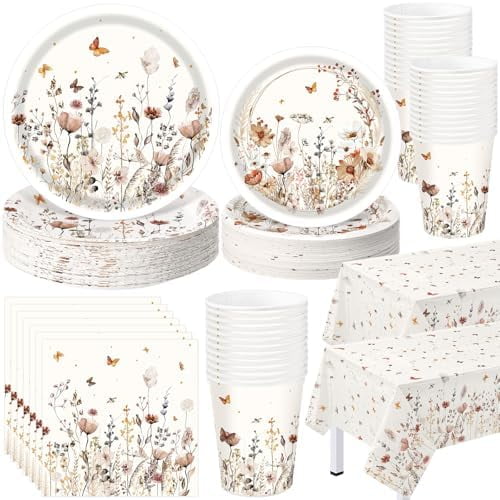 202 Pcs Fall Wildflower Party Decoration Supplies Brown Floral Paper Plates Napkins Cups Butterfly Wildflower Tablecloth for Autumn Birthday Wedding