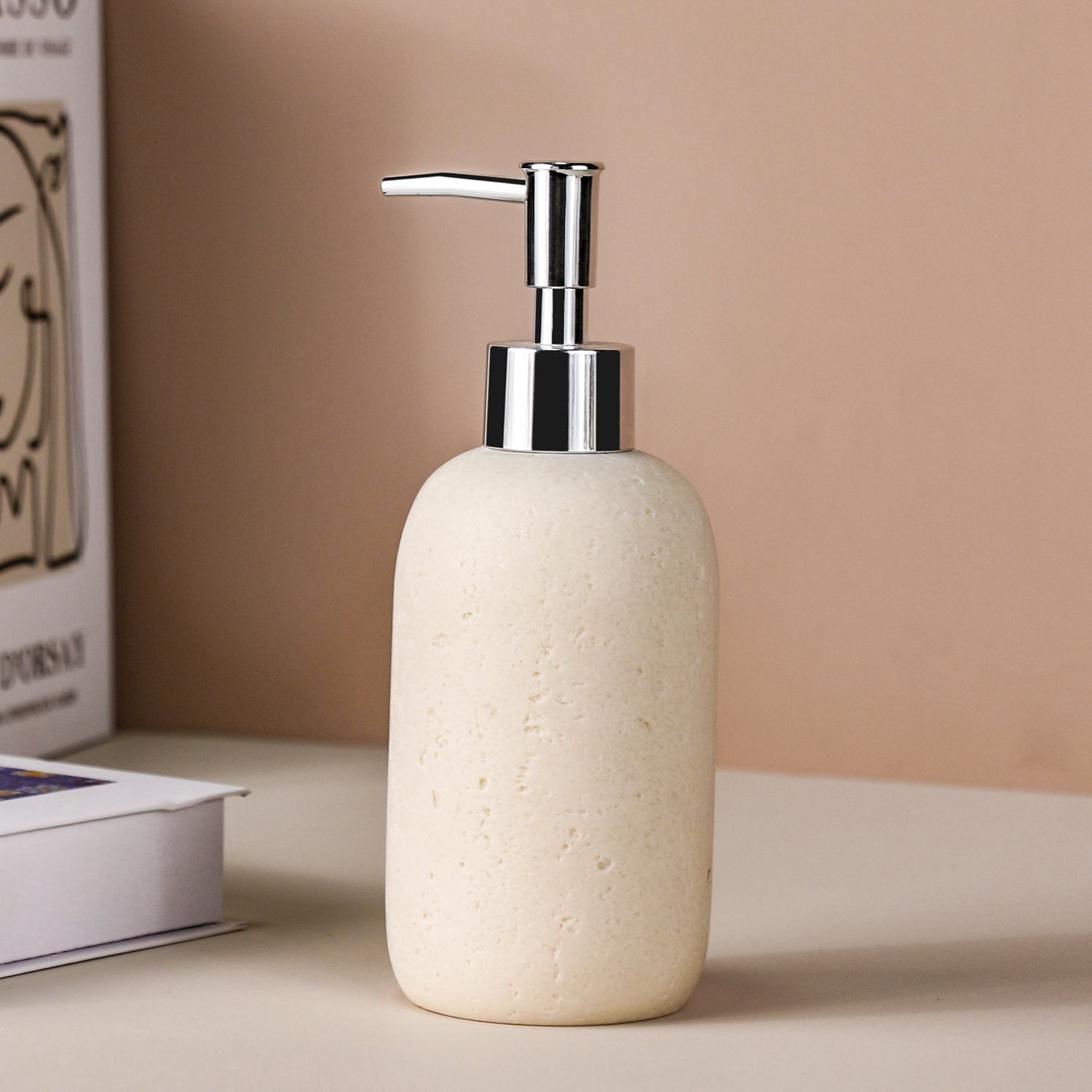 Hand Soap Dispenser with Stainless Steel Pump, for Bathroom and Kitchen, Luxury Farmhouse, Boho & Zen Style, Sandstone Finish, Rust Proof, Beige yellow