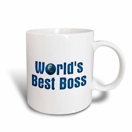 3dRose Blue text Worlds Best Boss with globe on white background, Ceramic Mug,