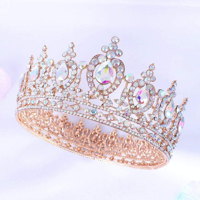 Tiara de diamantes de imitación de corona de boda de oro rosa para mujer, tiara barroca, joyería nupcial para el cabello para bodas, concursos, fiestas de princesas XianweiShao 1327533220415