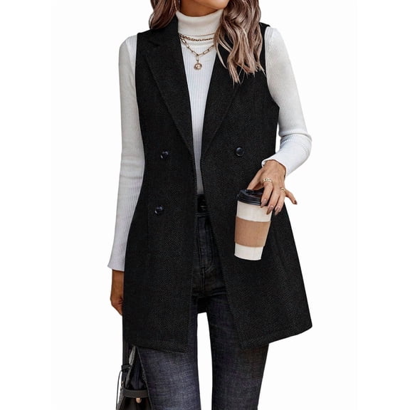 Womens Long Vest Sleeveless Lapel Double Breasted Fall Winter Coats Jackets Black L