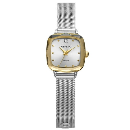 Geneva Ladies 22mm Silver & Gold Tone Genuine Diamond Dial Adjustable Mesh Watch