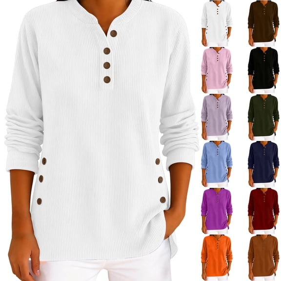 Women's Pullover for Fall and Winter Solid Color Henley Neck Long Sleeve Corduroy Button Down Shirt for Daily Office