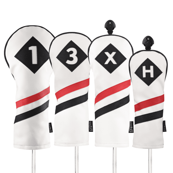 Majek Retro Golf Headcovers White Red and Black Vintage Leather Style 1 3 X H Driver Fairway and Hybrid Head Covers Fits 460cc Drivers Classic Look