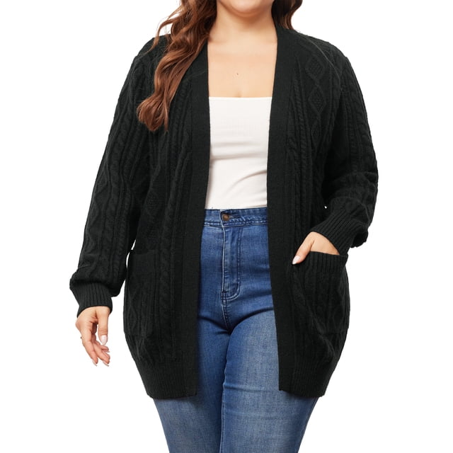 GRACE & GRANDEUR Cardigans Grande Taille pour Femmes à Manches Longues, à devant Ouvert, avec Poches, Noir 1X