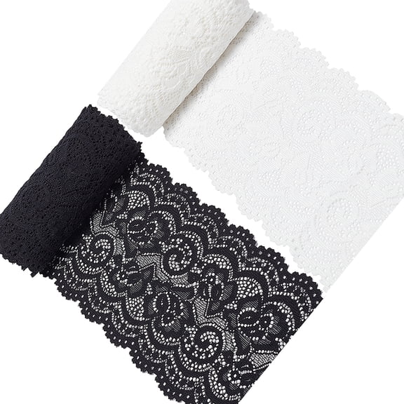 5 Yards 2 Rolls 4 Inch Wide Stretch Elastic Lace Ribbon White Black Floral Rose Pattern Trim Fabric for DIY Sewing Craft Costume Hat Hair Band Tablecloth Wedding Decoration Supplies DIY Mixed Color