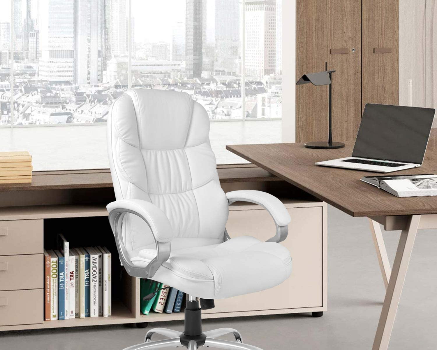 NiamVelo Office Chair Home Desk Chair Ergonomic Swivel Executive Adjustable Task Computer High Back PU Leather Chair with Back Support for Office and Home, White