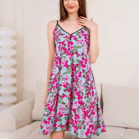 Xysaqa Floral Nightgowns for Womens Trendy Summer Outfits Soft Sleeveless Sleepwear V Neck Nightdress Comfy Lightweight Sleep Shirt Printed Lounge Dress Clearance Hot Pink