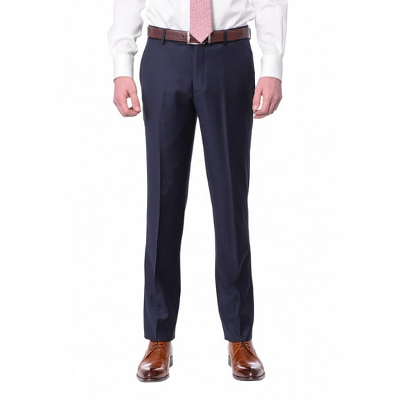 Mens Slim Fit Solid Navy Blue Flat Front Wool Dress Pants