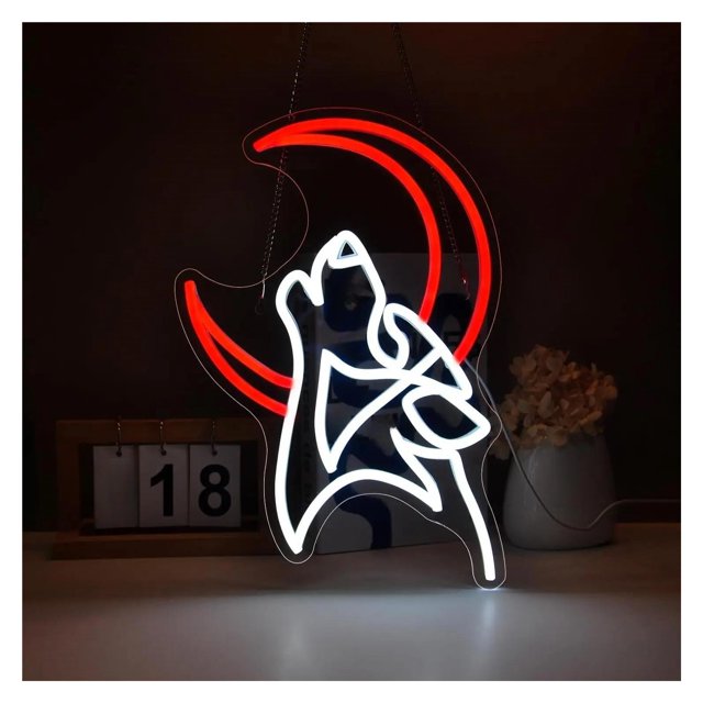 Letrero De Neón Con Forma De Luna De Lobo, Luz Regulable, Lámpara Colgante De Noche Para Decoración De Pared, Alimentada Por USB 28.5cm×36cm