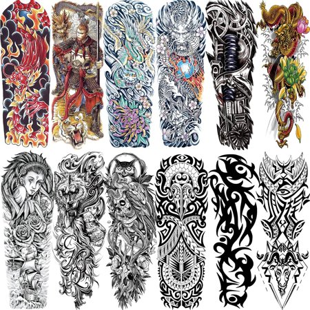 12 Sheets Large Full Arm Temporary Tattoos for Adults, Waterproof Realistic Flower Totem Wolf Dragon Chinese Style Fake Tattoos, Owl Monkey King Floral Tattoo Kits Body Art Parties Festivals Cosplay