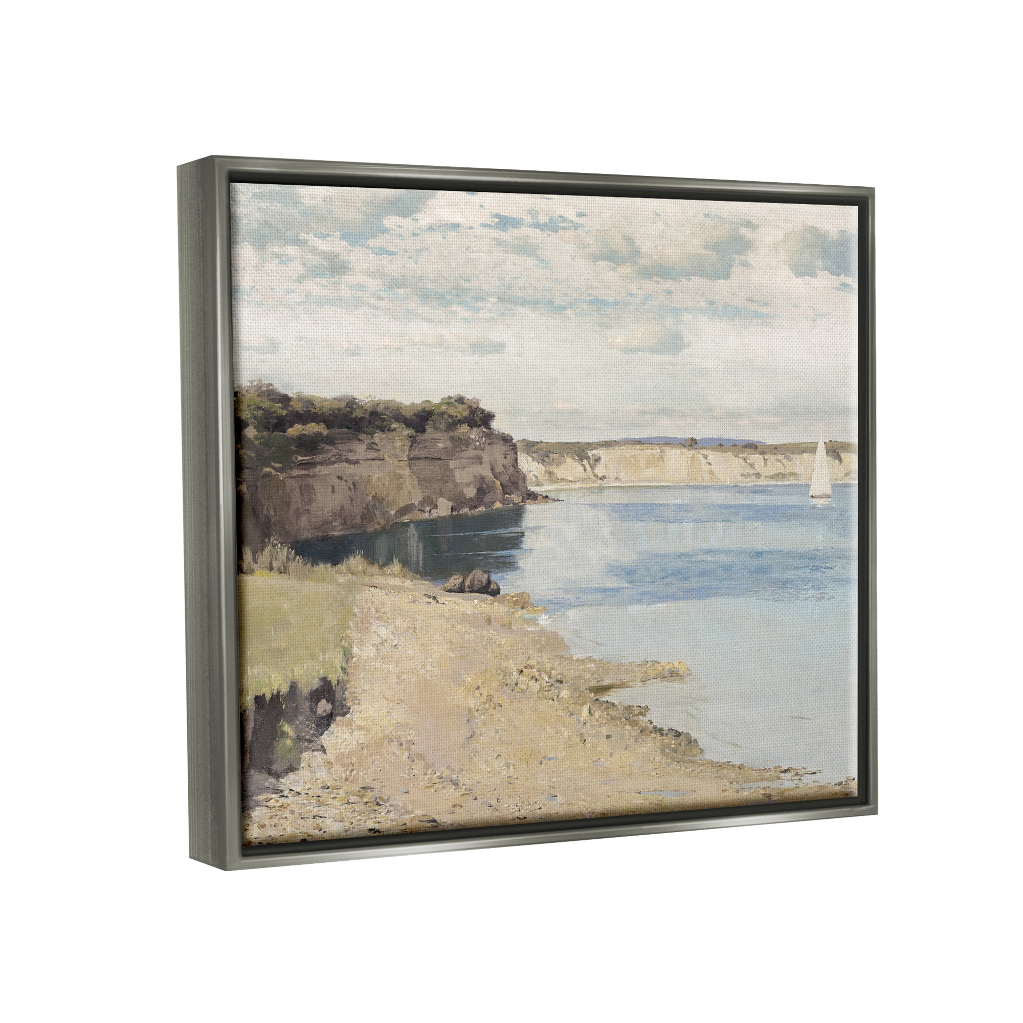 Stupell Industries Still Morning Oceanside Cliffs and a Sailboat Painting Luster Gray Framed Floating Canvas Wall Art, 16x20, by Christy McKee