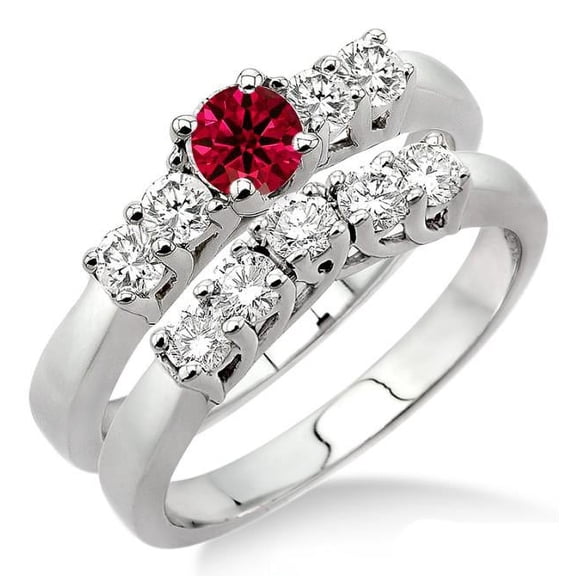 2 Carat Red Ruby Five Stone Moissanite Diamond Bridal Set on 10k White Gold