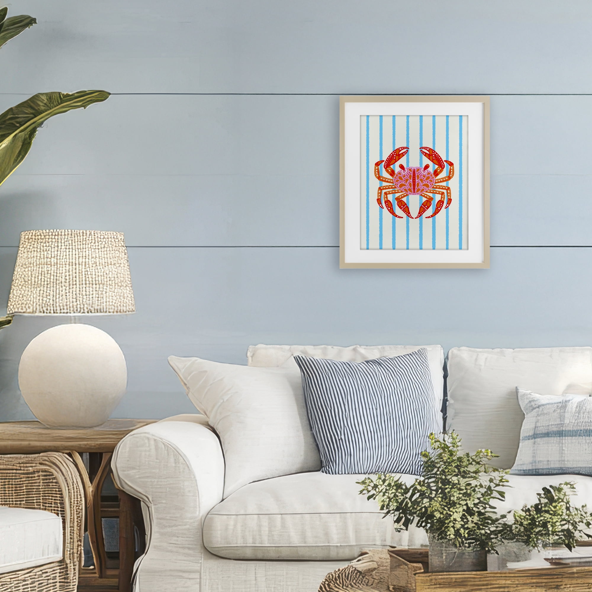 Stupell Industries Bright Crab on Stripes Birch Framed Print Under Glass, design by Indira Prieto | IndySign