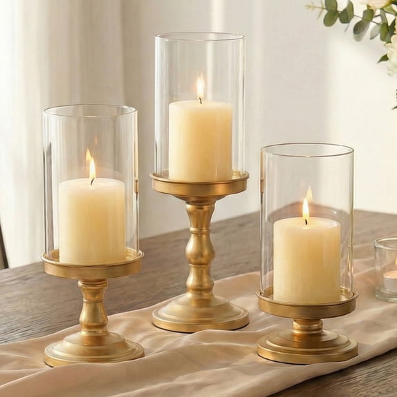 Sziqiqi Set of 3 Glass Hurricane Candle Holders: Windproof Pillar Candle Stands with Open Chimney Rustic Gold Metal Base for Fireplace Mantel Dining Table Centerpiece Decor