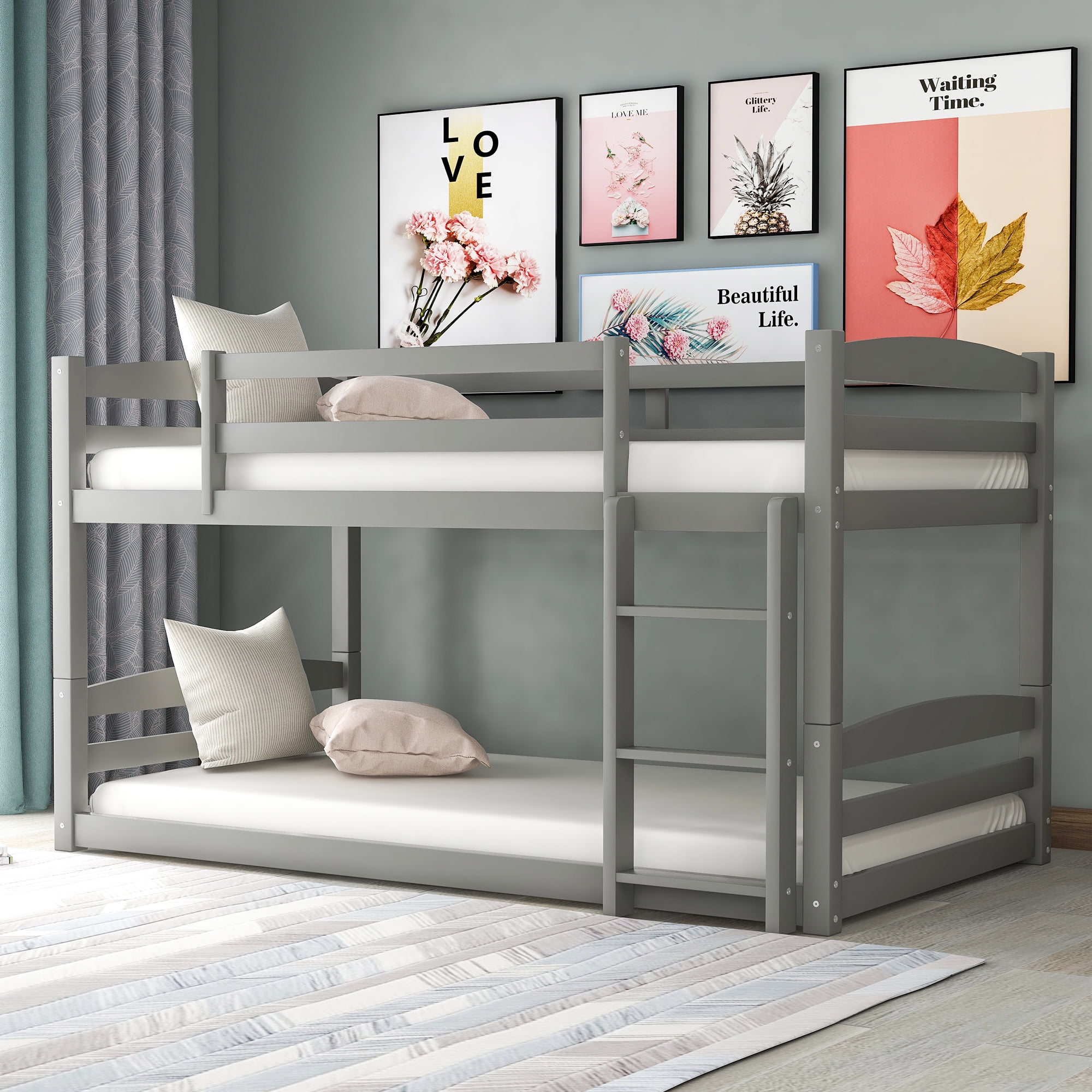 Bunk Beds for Kids, Solid Wood Twin Over Twin Bunk Bed with 3step