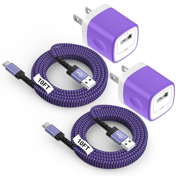 Type C Charger Block, 2 Pack Charging Block with 10FT USB C Cable, USB Wall Charger Adapter Plug Fast Charging Station Power Base with Type C Charging Cable Compatible for Samsung Android, Purple