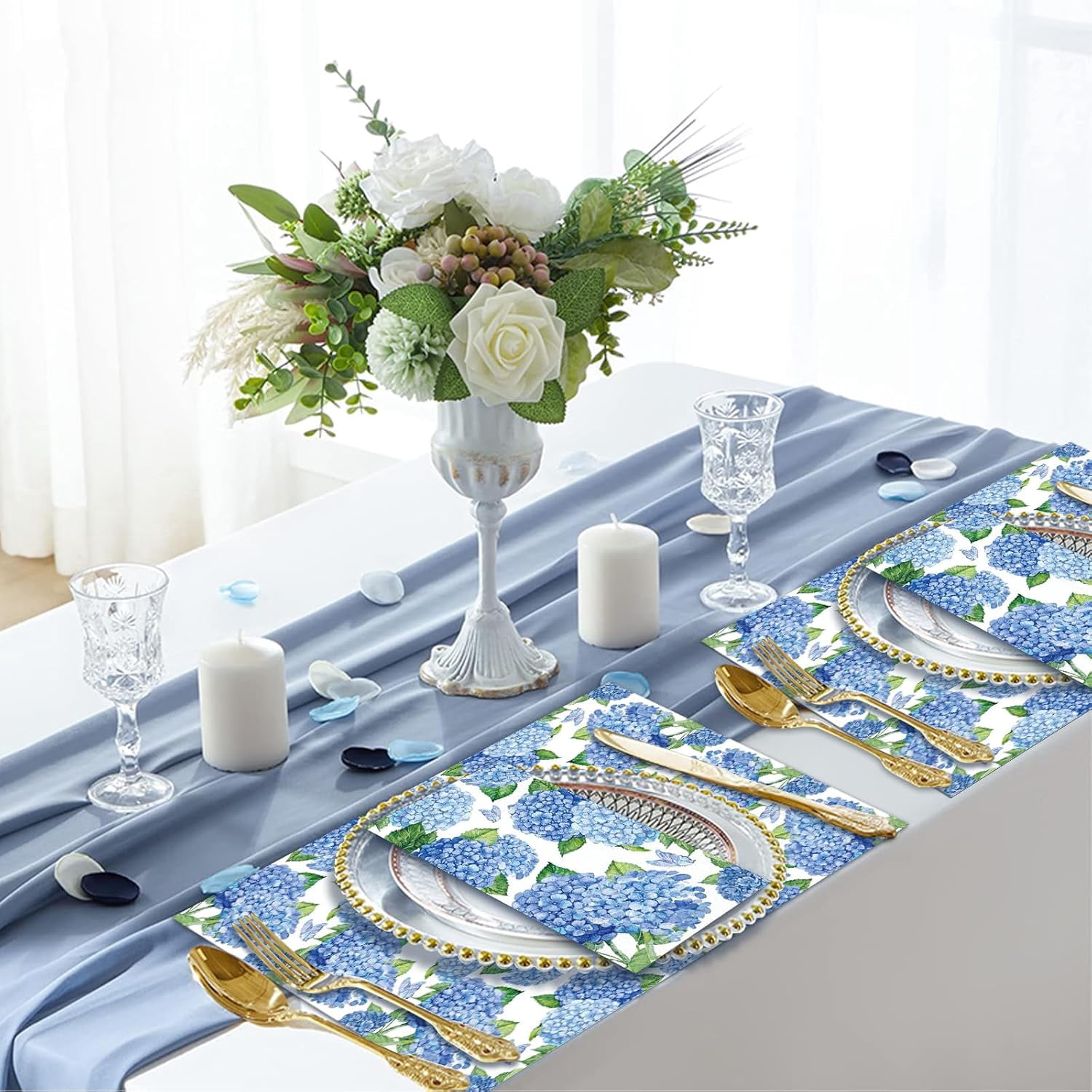 100 PCS Hydrangea Paper Napkins, Blue Hydrangea Floral Paper Napkins 3-Ply Disposable Hand Towels for Home Dinner Party Guest Napkin Wedding Spring Summer Fall Flowers Party Decorations