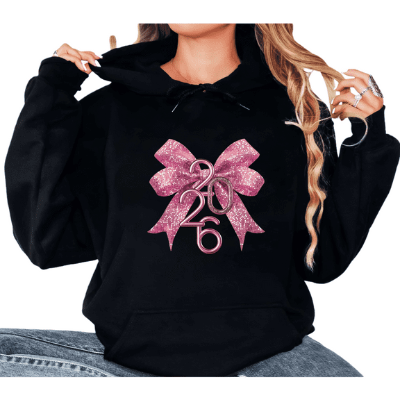 2026 New Year Pink Bow Theme Glitter Pattern Graphic Trendy Tee T Shirt Top Hooded long-sleeved Black S-2XL