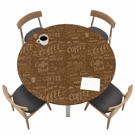 Brown Coffee Fitted Tablecloth with Elastic Edged, Round Table Cloth for Dining Table, Farmhouses Vintage Cup Plants Text Art Waterproof Oil Proof Table Cover for Indoor Outdoor 45"-54"