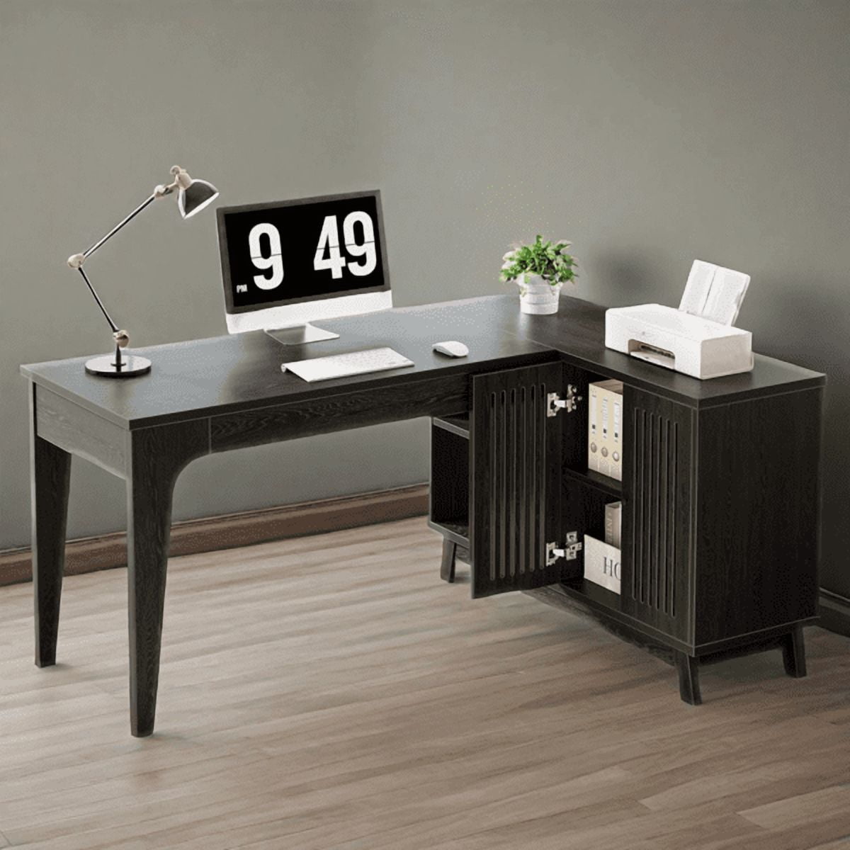 57-Inch L-Shaped Corner Desk - 41"W×19.6"D Work Surface, 2 Open Shelves & Lateral Cabinet - Modern Minimalist Design for Home Office