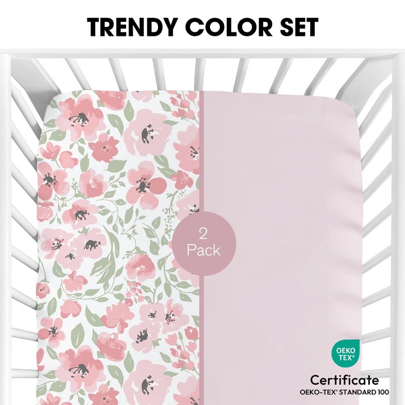 Plushii Baby Crib Sheets Fitted 2 Pack for Boys & Girls, 52'’ x 28'' Soft Microfiber Toddler Bed Sheets for Standard Crib & Toddler Mattresses (Floral)