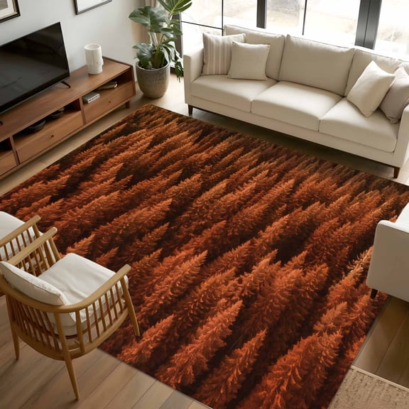 6x9 Area Rugs, Burnt Orange Forest Non-Skid Rubber Backing Large Rectangle Rugs - Living Room Bedroom Home Office, Pine Trees Modern Mysterious Art Indoor Floor Mat Carpets Washable Rug