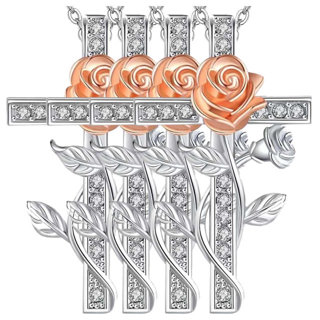Dije de Rosa y Cadena High Monaco RoseGrace02 4Pzas Plata Collar Cruz/Rosa 2x3cm Metal