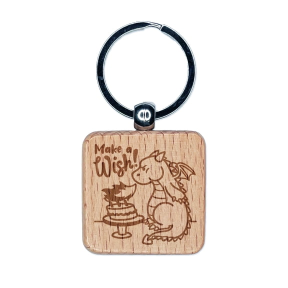 Make a Wish Dragon Trying to Blow Out Birthday Candles Square Keychain Charm Tag - Engraved Wood