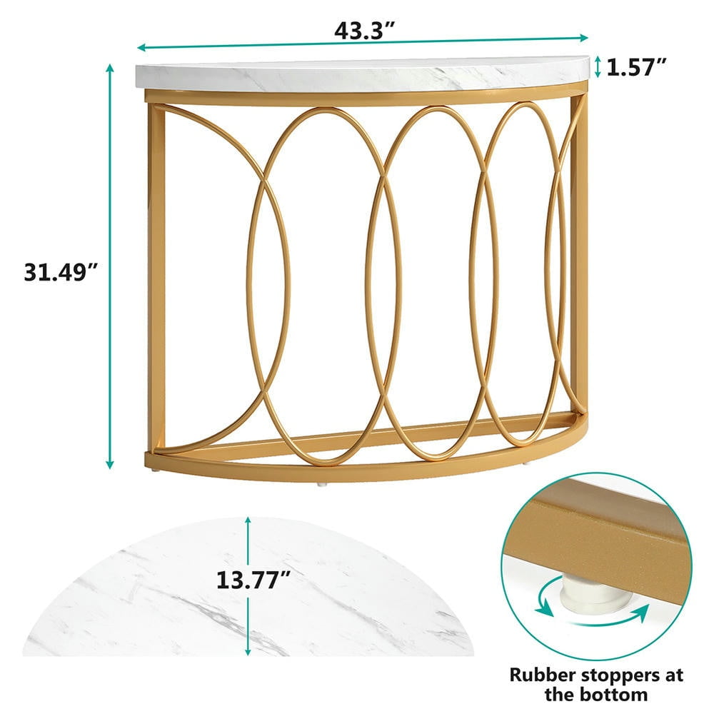 Yardi Yarda Faux Marble Console Table, 43" Half Moon Sofa Entryway Table, White & Gold