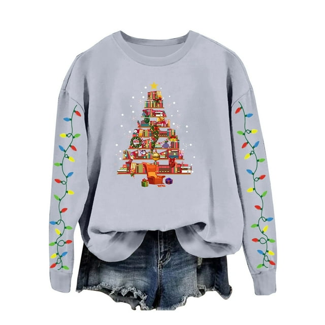 AWZXDE Chandail de Noël pour Femme, Cardigan à Enfiler avec Imprimé d'Arbre de Noël - Haut à Manches Longues à Col Rond pour Femme