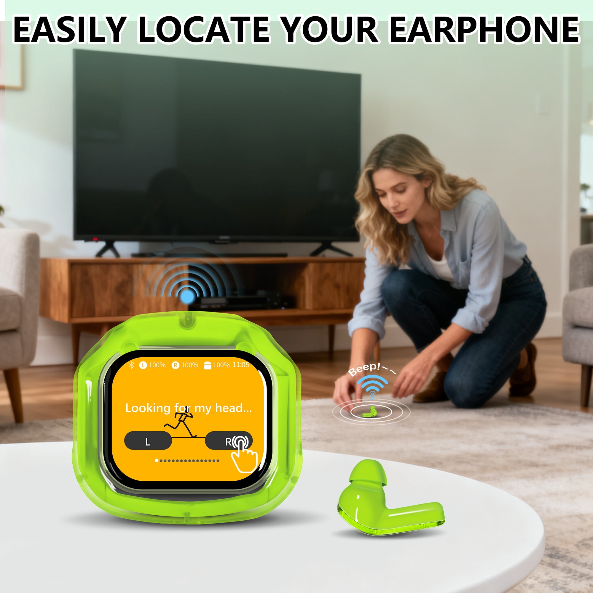 ENC Wireless Bluetooth Earphone, Smart Touch Screen Headphone, 24h Playtime for Sports & Working, Stereo Sound Headphone for iOS/Android/Windows, Green